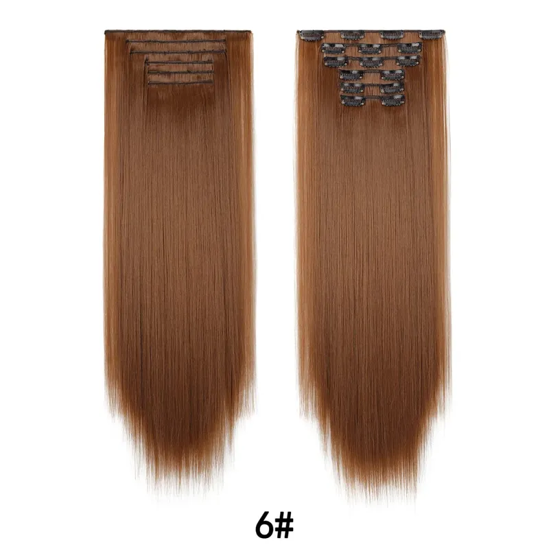 24 Inch 6PCS Clip In Hair Extensions Straight Synthetic Hair Extensions Dark Brown Long Natural Looking Hair Piece for Women