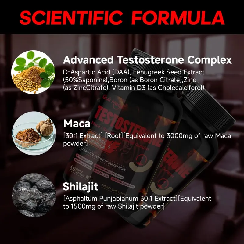 Quit Mood Men's Testosterone Capsules | Maca 100 มก. & ชิลาจิต 50 มก. และอื่นๆ | ปรับสมดุลฮอร์โมนและเพิ่มความแข็งแกร่ง – 60 แคปซูล