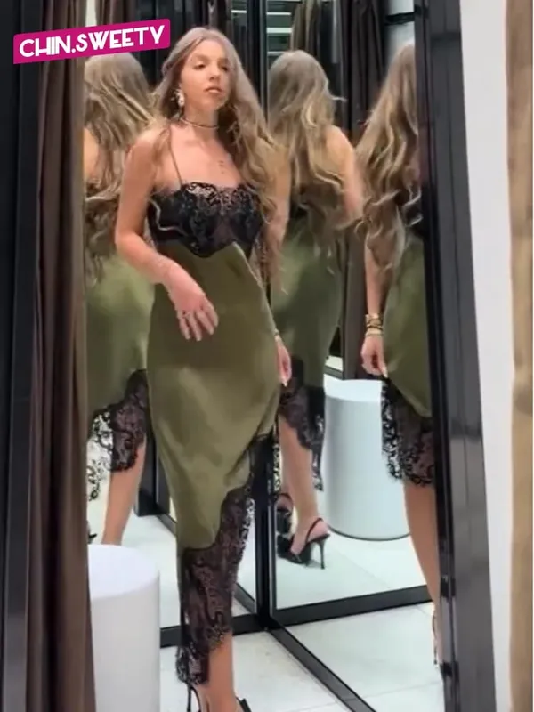 Chic Lace Patchwork Satin Camisole Klänning Ärmlös genomskinlig oregelbunden fåll Klänningar 2026 Ny fest Daglig utomhus Fritidskläder