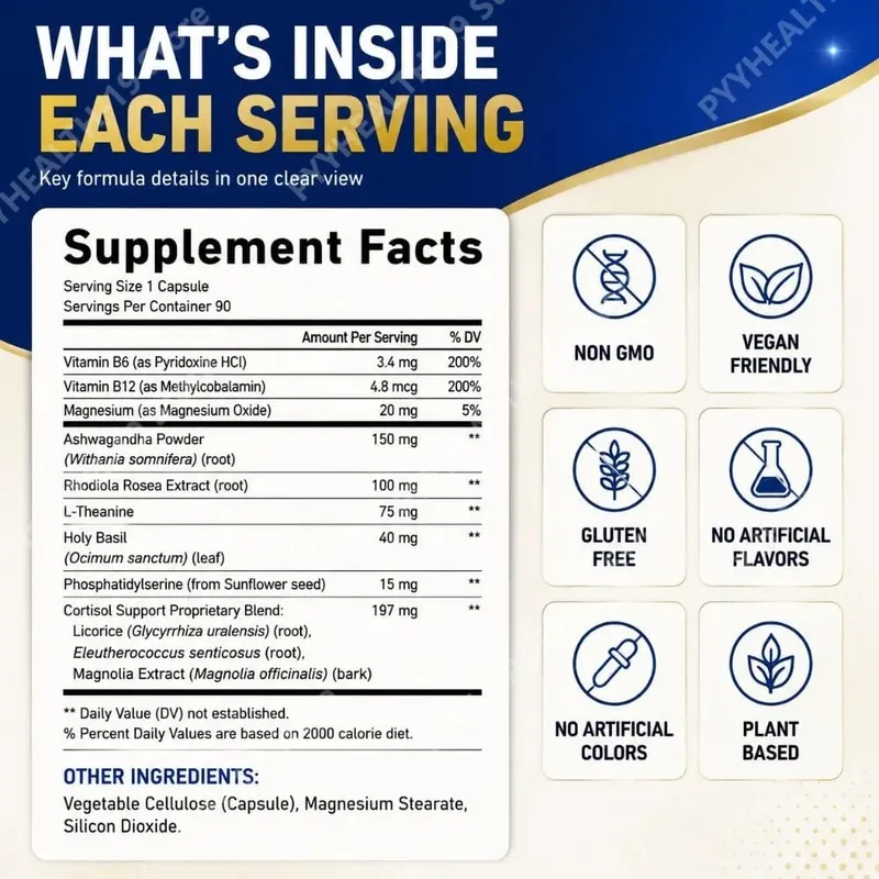Lenm Cortisol Health Support Capsules Ashwagandha Rhodiola Holy Basil L-Theanine For Stress Balance & Relaxation Adult 90 Count — image 3