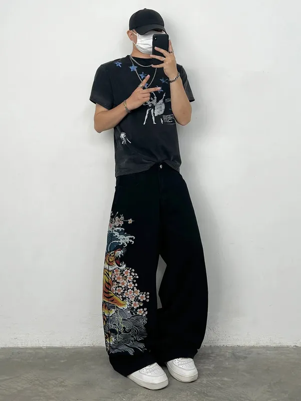 Men's Black Baggy Wide-Leg Jeans with Tiger Cherry Blossom and Wave Print Y2K Streetwear Hip-Hop Fashion Casual Versatile Pants