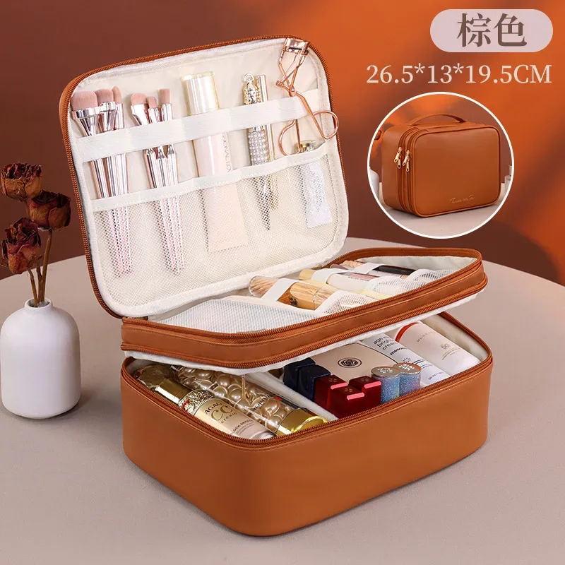 Multiple Compartments Large Capacity Cosmetic Organizer Case Portable Travel Toiletry Bag Double Layer Detachable Makeup Bag