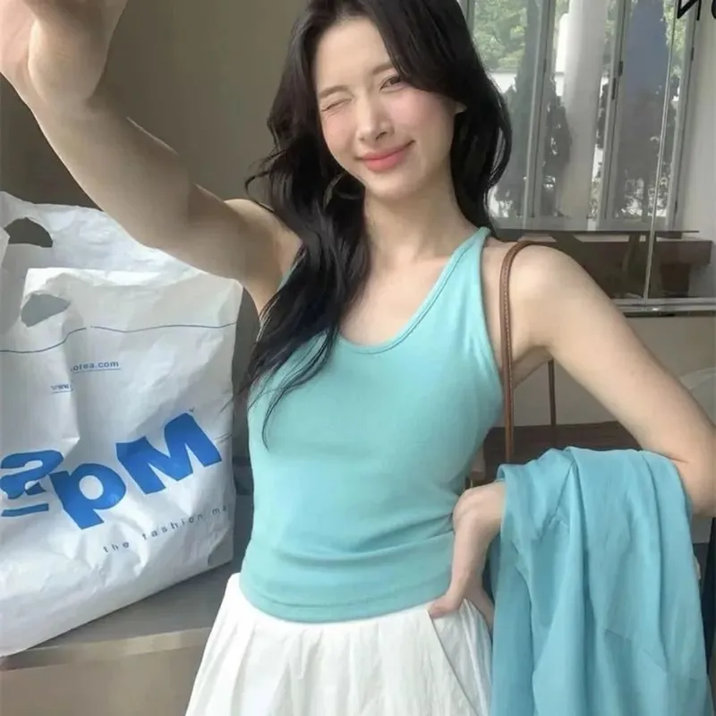 Korean Style with Chest Pad Strap Vest U-Neck Solid Color Backless Sleeveless Top Slimming Women Camis Summer
