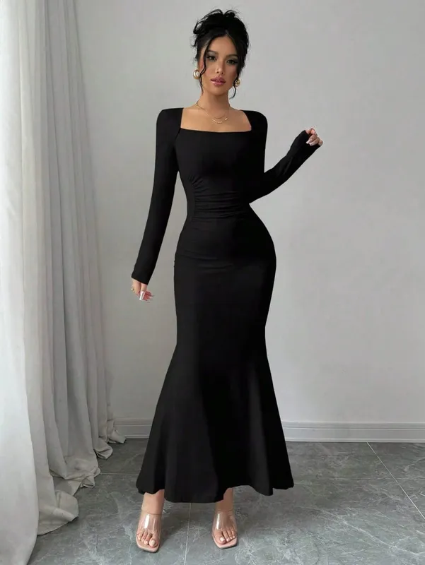 Women's Four Seasons New Style Women's Elegant Temperament Retro Solid Color Square Collar Long Sleeve Dress