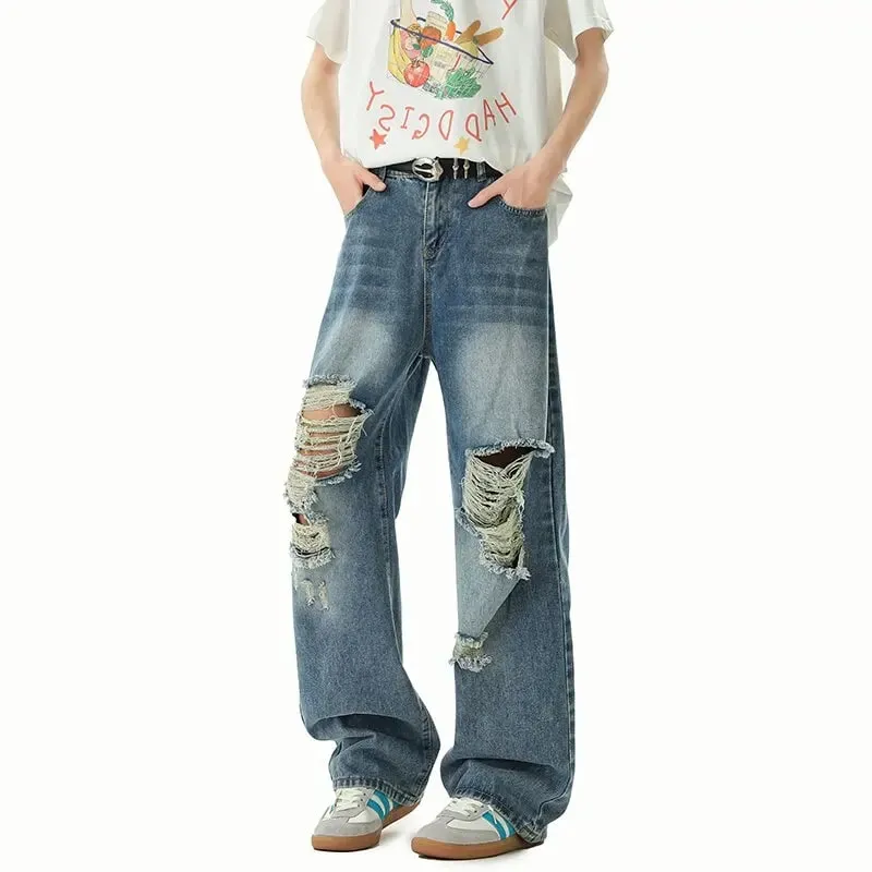 New Spring/Autumn Fashion Solid Color American Retro Straight Leg Ripped Jeans Men's Casual Loose Fit Sports High Quality Jeans — image 4