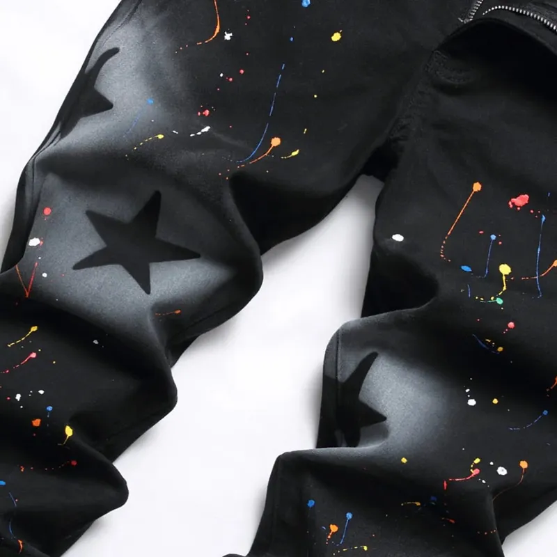 Men Star Painted Denim Jeans Casual Graffiti Print Slim Straight Pants Black Stretch Cotton Spandex Trousers — image 3