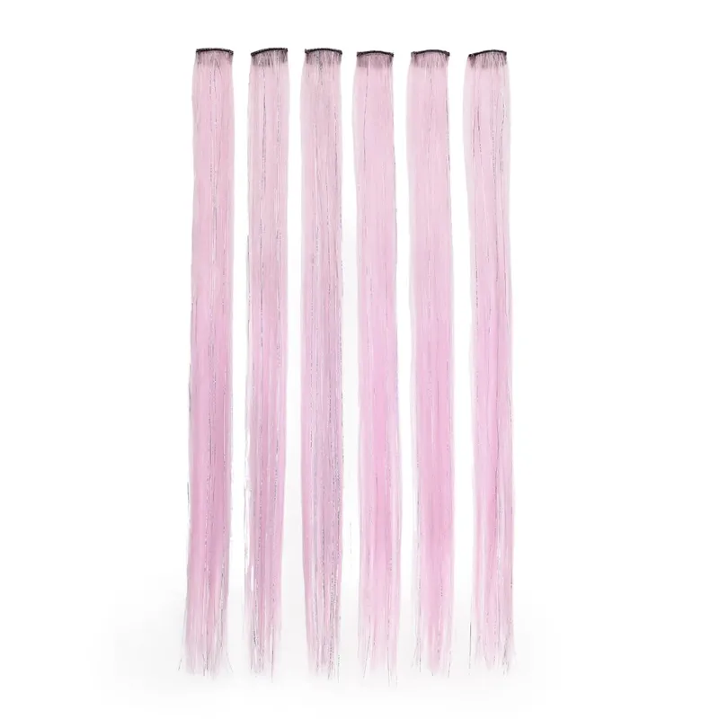 Synthetic 6pcs Clip in Hot Pink Hair Extensions Mix tinsels 22 Inch Colored Hair Extensions 2 in 1 Rainbow Hair — image 14