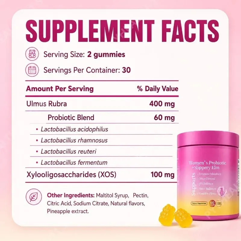 Feminine Wellness Probiotic Gummies with Slippery Elm PH Balance and Flora Support for Women Pineapple Flavor 60 Count — image 2