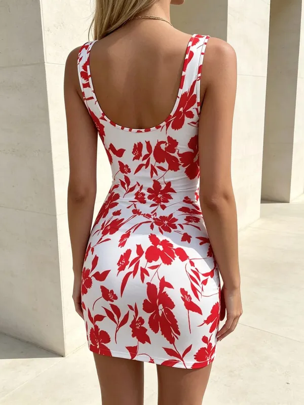 Elegant Digital Print Sleeveless Square Neck Mini Skirt Long Dress Casual Comfortable Solid Color Fashion