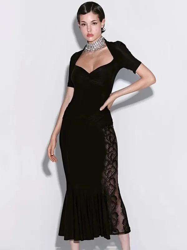 Ticketsx Sexy Lace Dress Set Women Fashion V-Neck See-Through Patchwork Pleated Slim Skirts Set Elegant Party Evening Dress Set — image 2