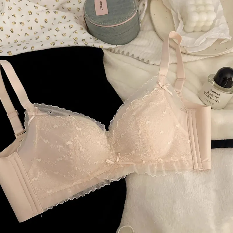Lace Heart-Shaped Thin Seamless Bra Set with Small Chest Gathered on Top and Anti Sagging Support Without Steel Ring Bra Set — image 3