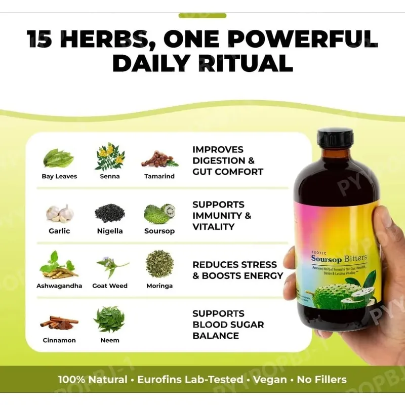 Soursop Bitters Liquid Herbal Extract Plant Based Guanabana Blend with Ginger Turmeric and Sea Moss Daily Wellness Supplement — image 3