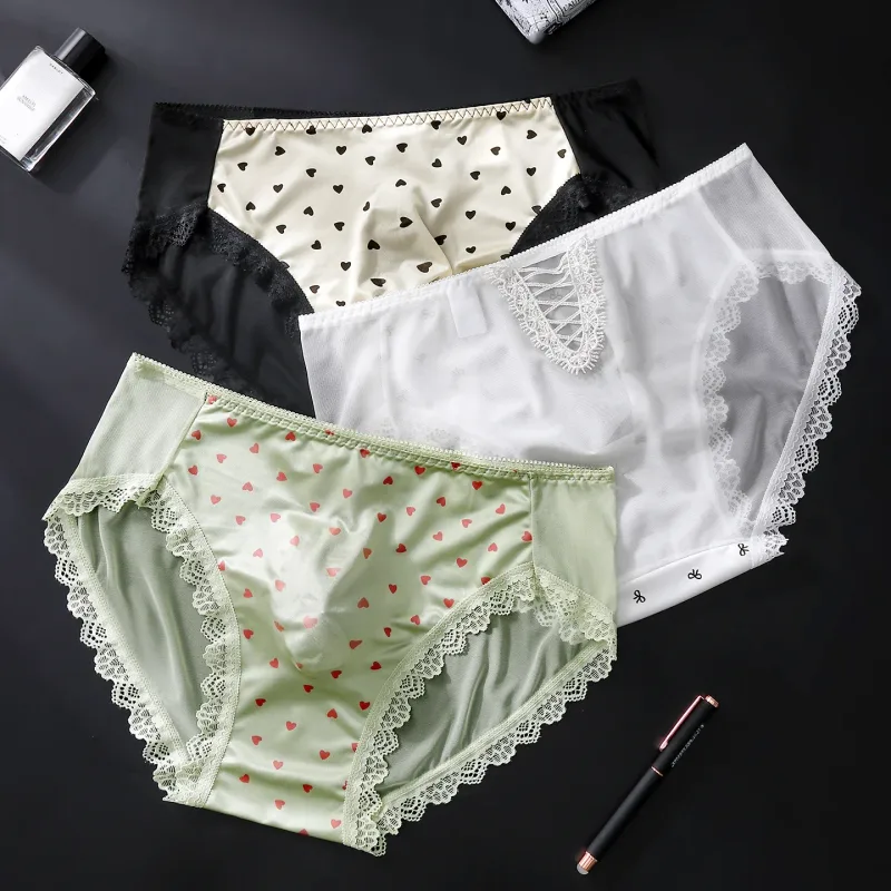 Sexy Lace Mens Briefs 3D Pouch Floral Edge High Elastic Sweet Heart Bow Print Mesh Splicing Underwear — image 9
