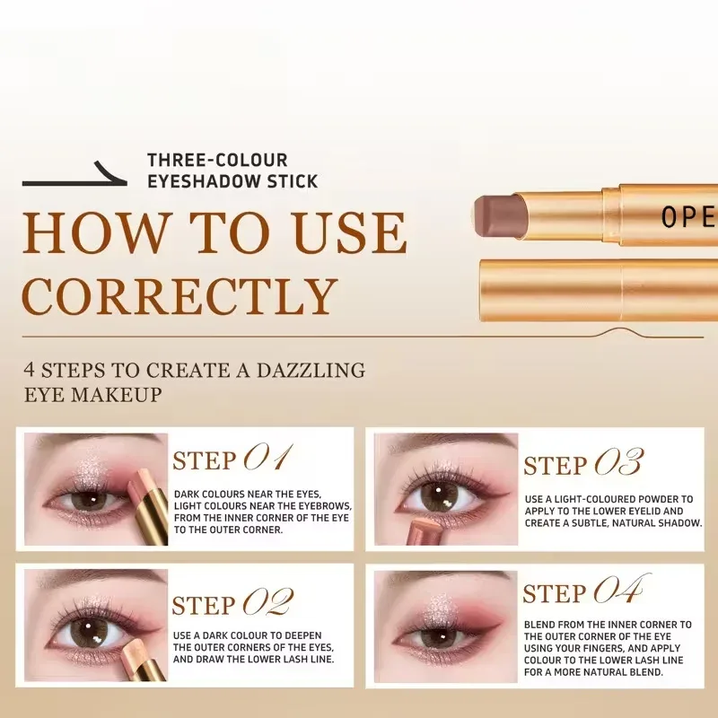 Glitter 3-Color Gradient Eyeshadow Stick Pencil Three Tone Shimmer Metallic Lazy Eye Shadow Pen Waterproof 3 in 1 Eye Makeup — image 5