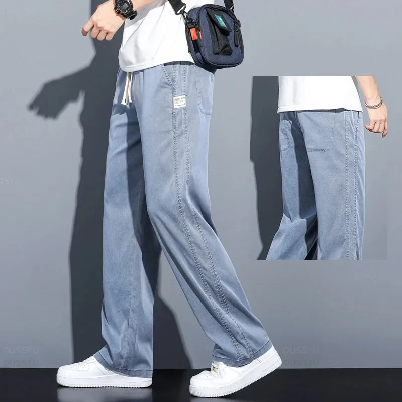 Sommer Blødt Lyocell stof Herre jeans Tynde Løse Lige Bukser Snøre Elastisk talje Korea Casual Bukser Plus Størrelse M-5XL