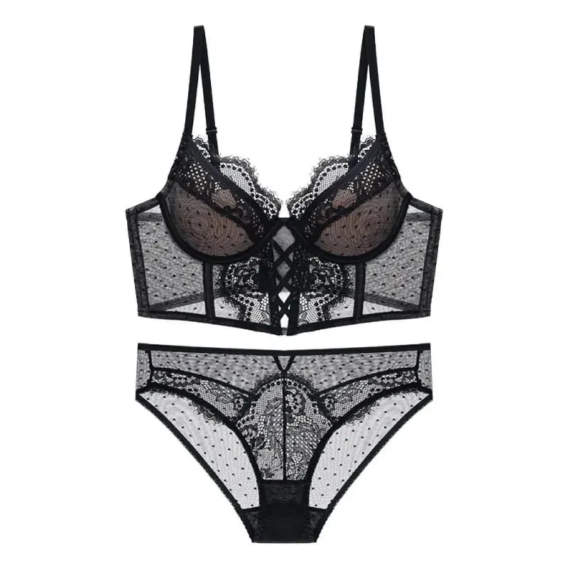 Women‘s French Lace Lingerie Set Push Up Bra Thin & Soft Steel Ring for Support Gathered Design Demi Cup Chemise for Small Bust — image 6