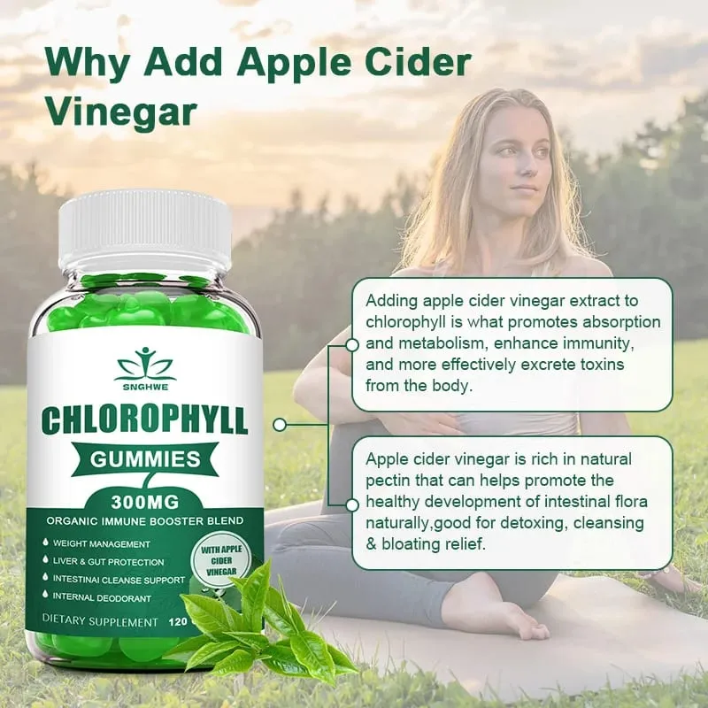 Chlorophyll Gummies-dengan ACV Vitamin D3 C E B12 -Tenaga Deodoran Asli Tingkatkan Imun & Pencernaan Menyokong Vegan 60 Gula-gula