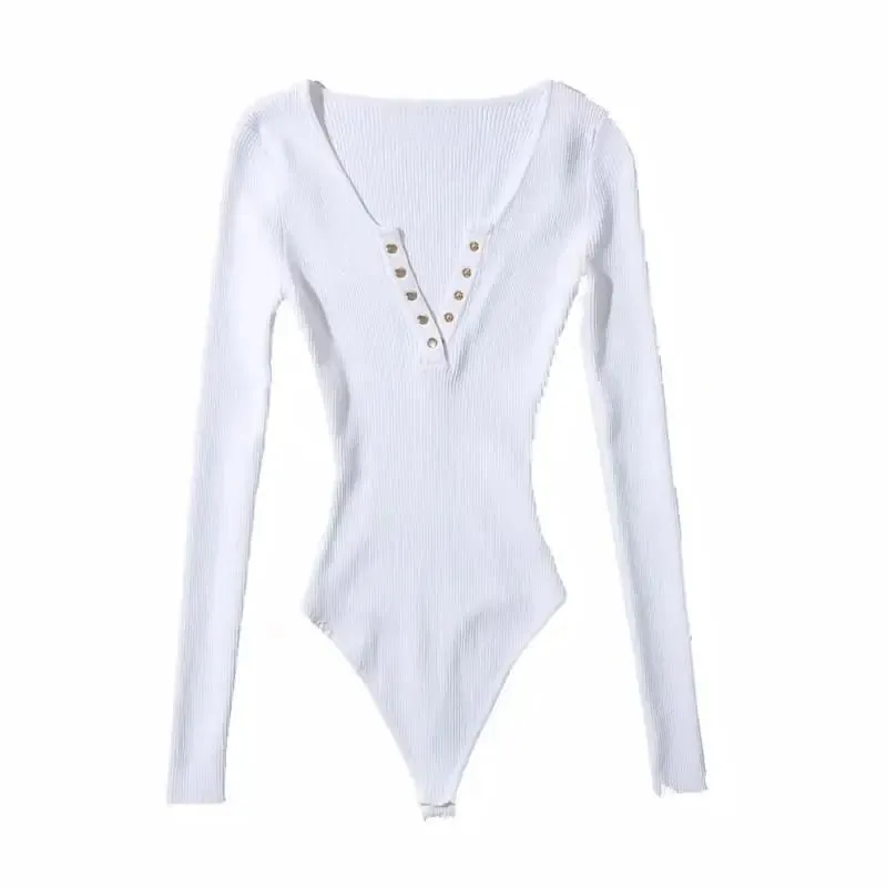 Long Sleeve Gold Button Detail Slim Fit V-Neck Bodysuit Sexy Elegant Wear Spring Autumn Women's Trendy Ribbed Knit Bodysui — image 13