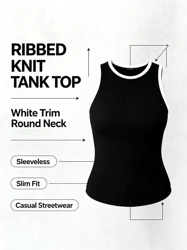 2026 New Contrast White Trim Ribbed Tank Tops Women Sleeveless Round Neck Slim Fit Black Basic Cami Vest Streetwear — image 7