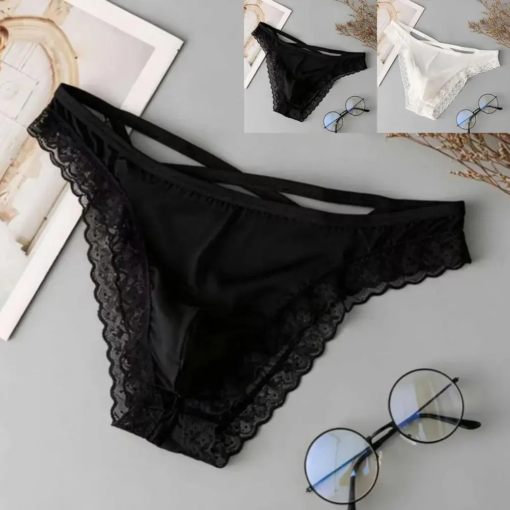 Men Side Strap Lace Briefs Silky Smooth Scalloped Floral Lace Low Waist Stretch Thin Underwear Sissy Panties — image 3
