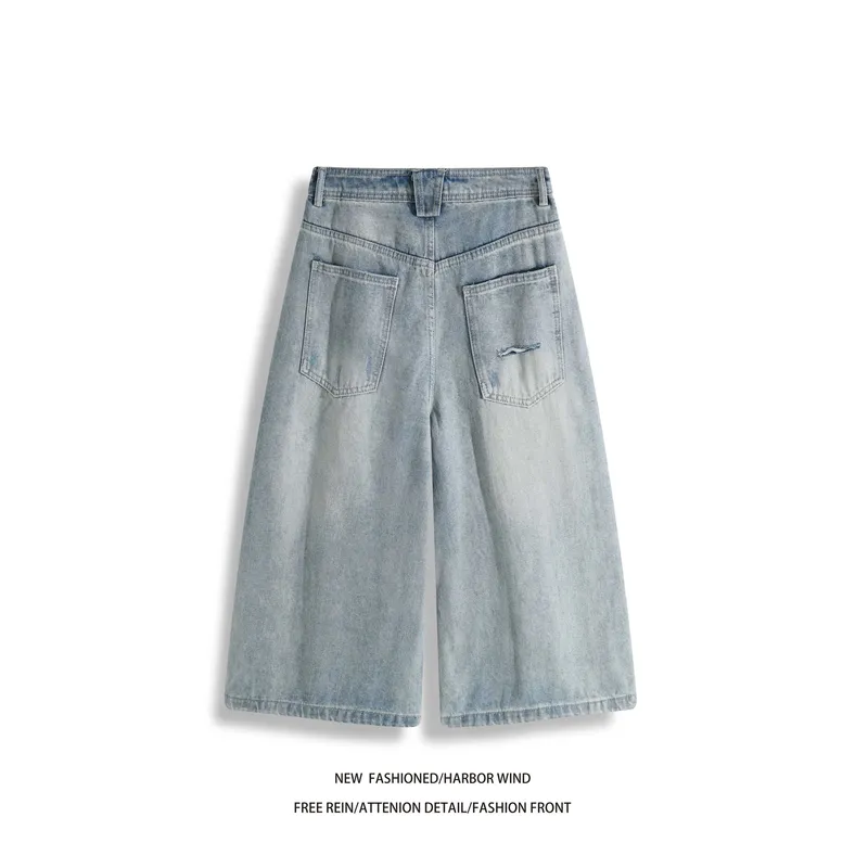Summer New American Retro Blue Ripped Design Loose Wide Leg Cropped Pants Men's Jeans Man Pants — image 2