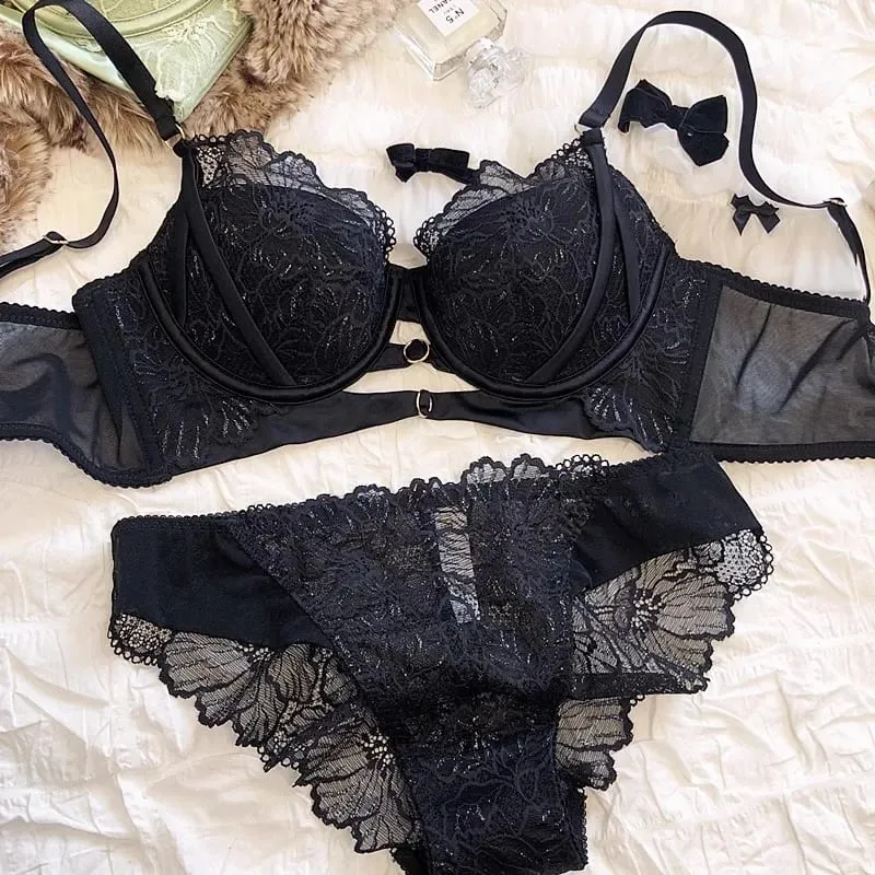 New Big Size Thin Cotton Lace Lingerie Set For Women Sexy Push Up Ladies Underwear Panties Hollow Out Female Intimates