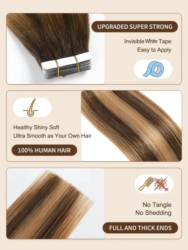 4/27 Straight Tape In Hair Extensions Highlight Invisible Tape In Human Hair Extensions For Salon High Quality 100% Human Hair — image 3