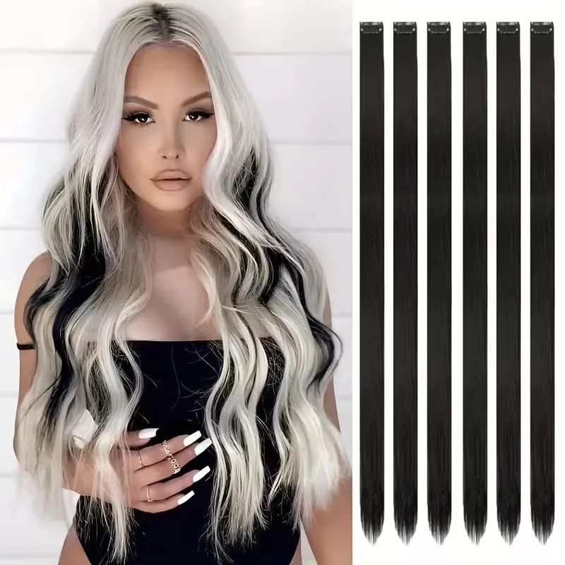 22Inch Synthetic 6pcs Long Straight Hair Extension Colored Rainbow High-Temperature Fiber Hairpiece for Women Daily Party Use — image 9