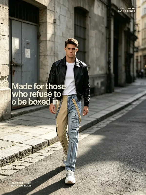 Y2K τζιν για άντρες Techwear ρετρό παντελόνι Cargo Παντελόνι τζιν με μπότα με ανοιχτόχρωμο λουράκι με αντίθεση — image 7
