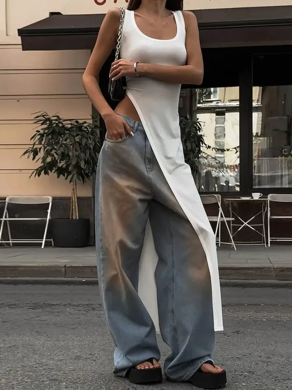 Summer personality trend slim fit solid color street niche irregular asymmetrical hem sleeveless camisole vest dress — image 3