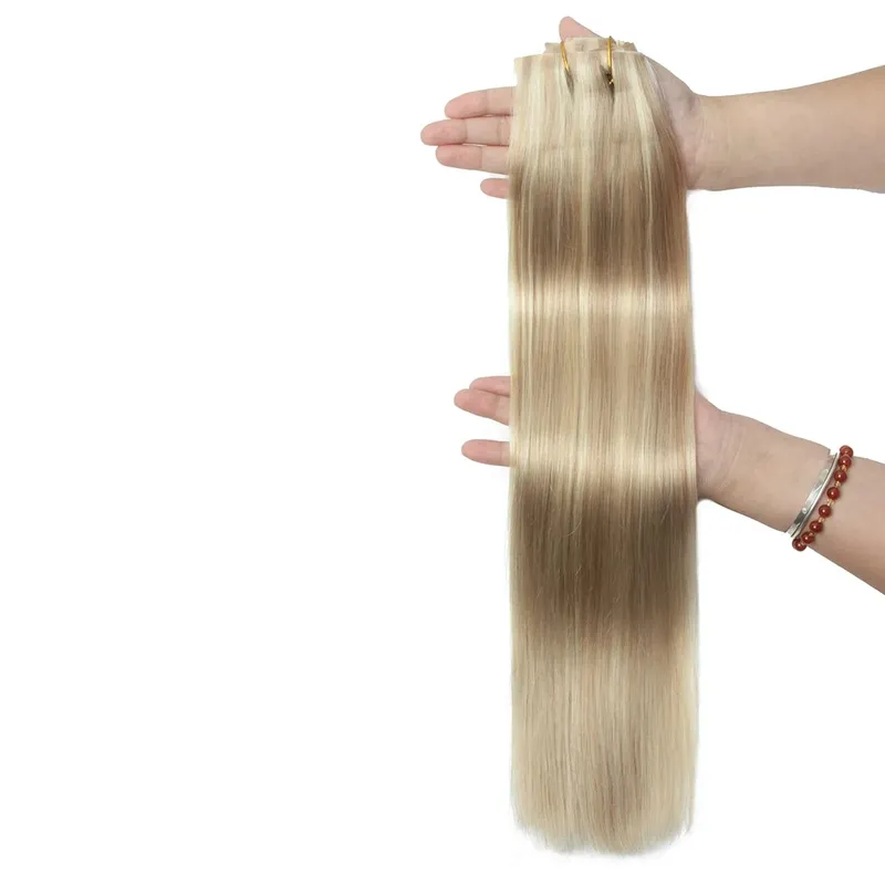 Women Lightweight Clip In Extensions 7Pcs Set Invisible PU Tape Weft Injected PU Natural Human Hair 12-24inch Adding Length Use