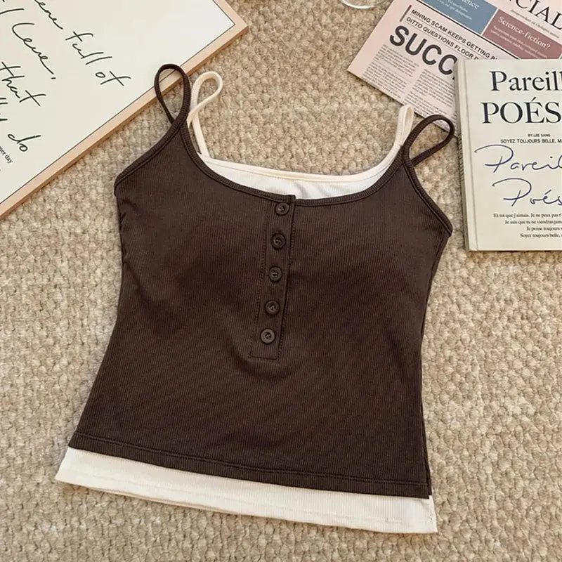 Top Tank Top Dua Keping Palsu Berlapis Kasual Y2K Butang Knit Berusuk Cami Slim Fit Tanpa Lengan Baju Atasan Dengan Pad Dada Untuk Dipakai Harian