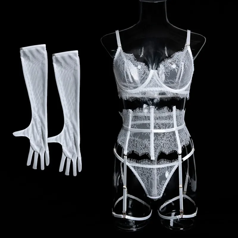 Sexy hot Lingеrie New Eyelash Lace 5-Piece Lingerie Set for Women with Underwire Bra Waistband Garter Belt Leg Rings Gloves — image 2