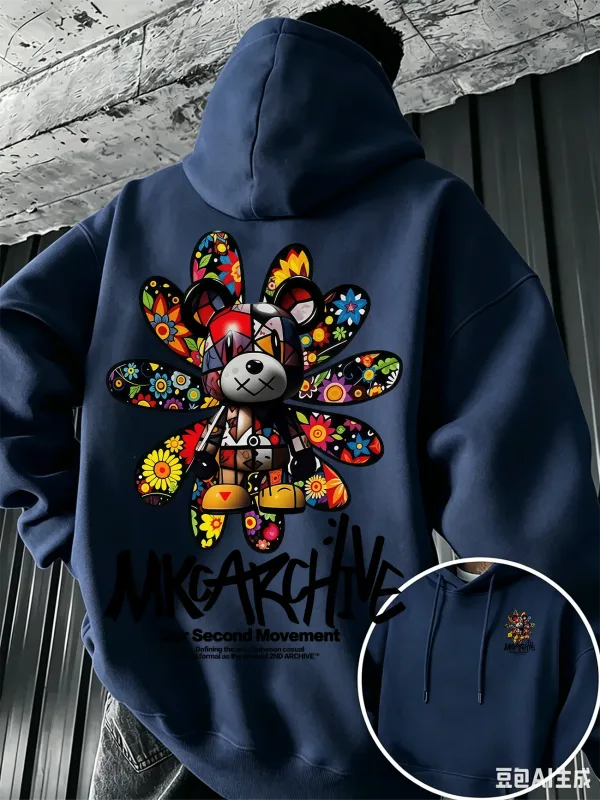 Men's Casual Hooded Sweatshirt – Colorful Floral Bear Graffiti Print Pullover Warm Street-Style Top for Autumn/Winter — image 6
