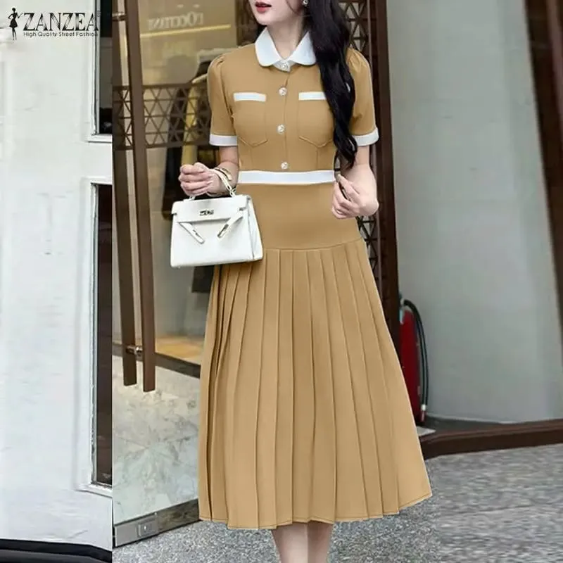 2026 ZANZEA Summer Elegant Lapel Neck Short Sleeve Sundress Women Stylish A Line Pleated Dresses Patchwork Work Midi Dress Robe — image 5