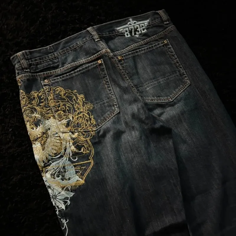 Fashion high street new pattern embroidered men jeans Y2K Gothic Harajuku hip-hop straight high waist wide leg pants — image 3