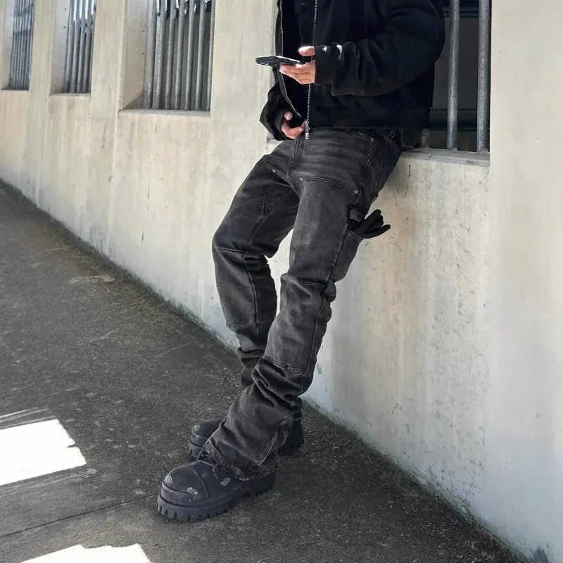 Bootcut Jeans Denim Pant Men Vintage Washed Distressed Mid Waist Slim Fit Trousers Y2k Streetwear Work Casual Splice Summer 2026 — image 4