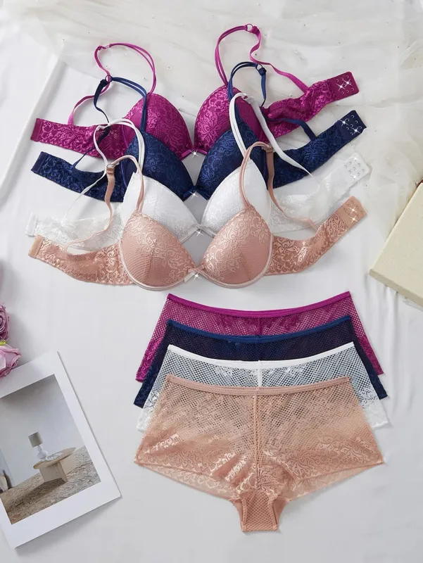Set di biancheria intima da donna in pizzo floreale da 4 pezzi, reggiseno push up con ferretto, mutandine traspiranti in rete trasparente, biancheria intima sexy morbida e confortevole — image 4