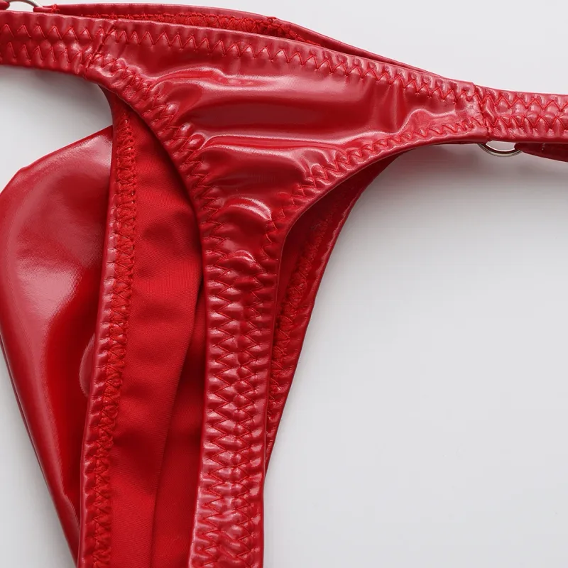 String en cuir brillant pour hommes, 1 pièce, avec anneau en métal, tongs, pochette bombée Gay, taille basse, sous-vêtements extensibles, exposant les fesses, Sexy