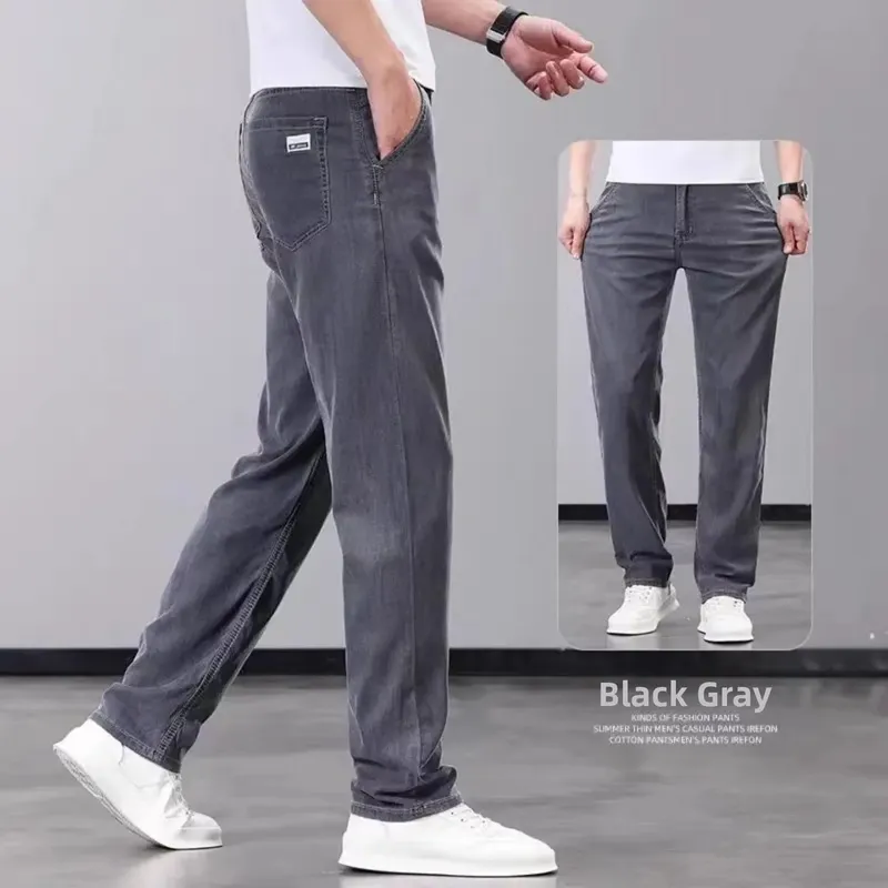 Summer Thin Wide Leg Pants Loose Fit Casual Ice Silk Jeans Men's Breathable Straight Cut Long Trousers Business Gentleman Style