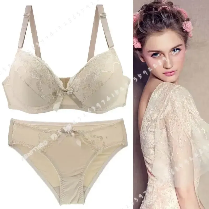 Women Push Up Bra Set Lace Thong Underwear Solid Bow Lingerie Plus Size 70-105 BCDE Cup Female Intimates — image 4