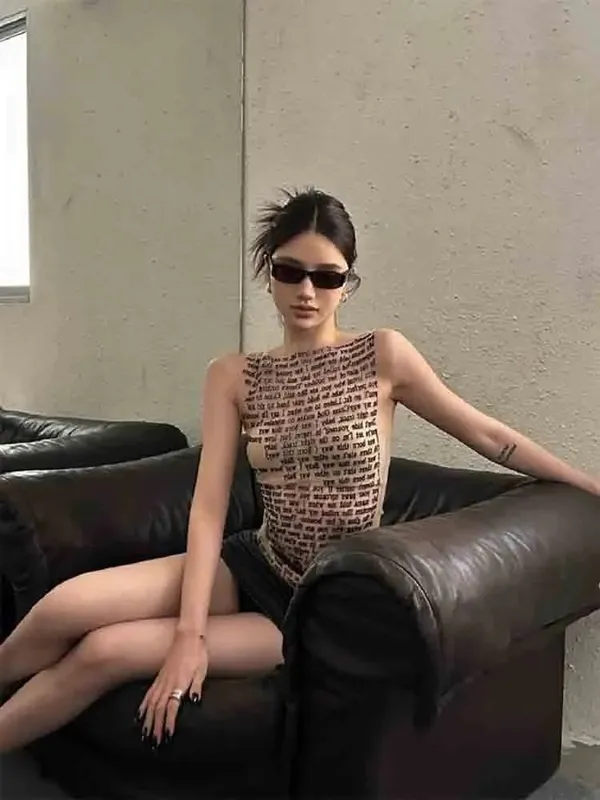Fashion Trendy Round Collar Sleeveless Tank Mesh Sexy Article Print Slim Casual Top Women Hipster Wear — image 2