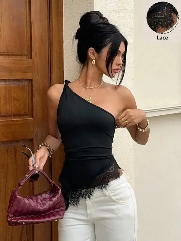 Women Black Lace Patchwork Twist Knot One Shoulder Top Summer Casual Y2K Street Style Backless Ruched Slim fit Crop Top — image 8