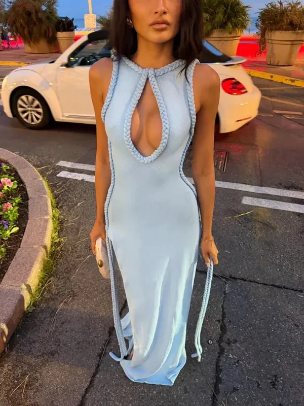 Women Elegant High Slit Hem Maxi Dress Braided Trim Sleeveless Backless Keyhole Neckline Solid Dresses Summer Sexy Fashion Gown — image 2