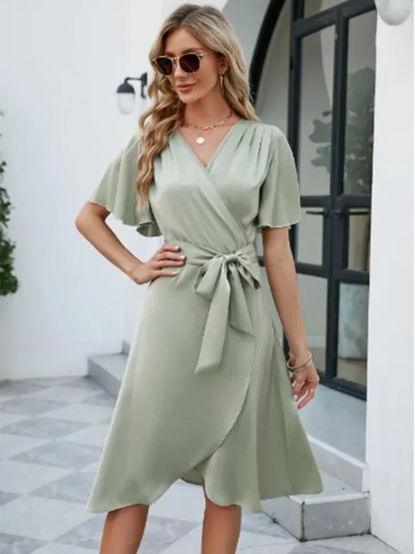 V Neck WrapV Neck Wrap Vacation Mini Dress for Woman Clothing Short Sleeve Tie Waist Asymmetrical Hem Casual Summer Dresses — image 6