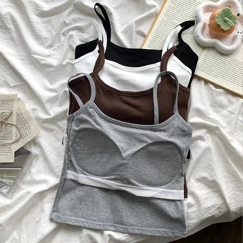 1PC Cotton Spaghetti Straps Sleeveless Slim Camisole Women Soft Breathable Vests with Chest Pad Summer Wear Outside Short Tops — image 6