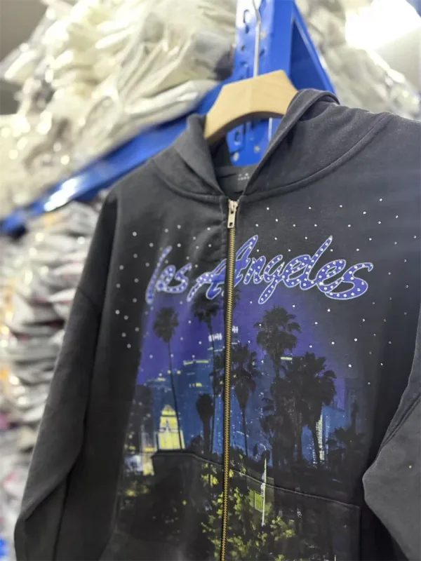 False Rhinestone Starry Sky Pattern Print Washed Zipper Loose Hoodie Street Casual Cotton Versatile Sports Trendy Sweatshirt — image 19
