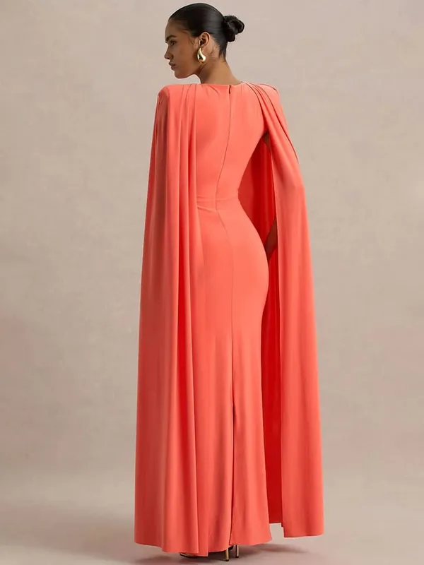 Mozision Cape Sleeve Sexy Maxi Dress Women Gown Elegant Fashion Zipper O Neck High Waist Split Club Party Long Dresses Female — image 5