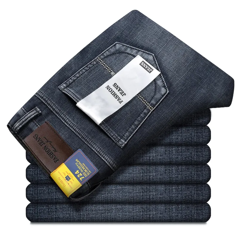 Autumn Winter Men's Jeans Classic Retro Grey Denim Pants Man Work Slim Straight Stretch Cotton Trousers Streetwear Plus Size 40 — image 4