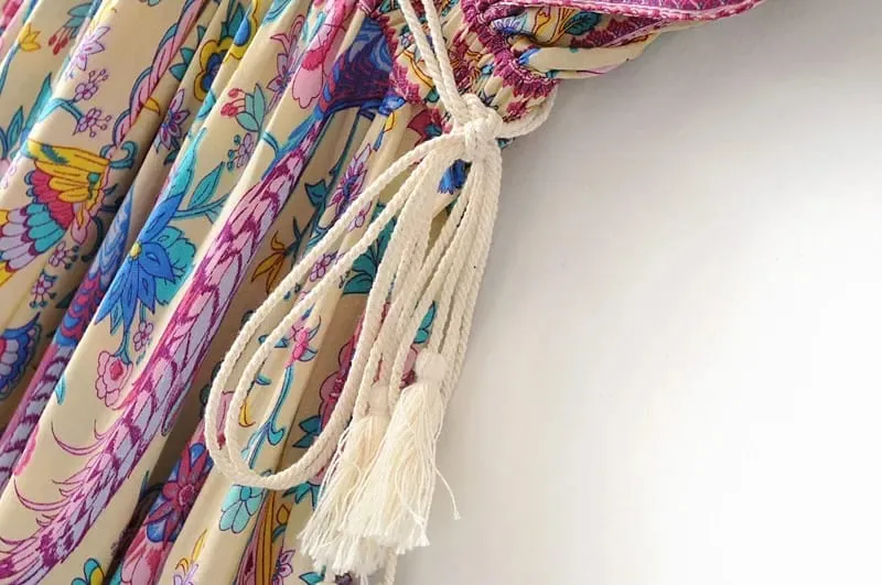 Đời Boho Hoàng Hậu Nữ Con Công In Hoa Tay Cánh Dơi Đi Biển Bohemia Đầm Maxi Nữ Cổ V Tua Rua Mùa Hè vestidos — image 4
